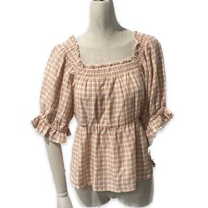 Old Navy Blouse Small Smocked Square Neck Boho Cottagecore Plaid Peach Country